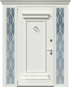 Белая эксклюзивная входная дверь со вставками и кнокером №6 внешняя - фото